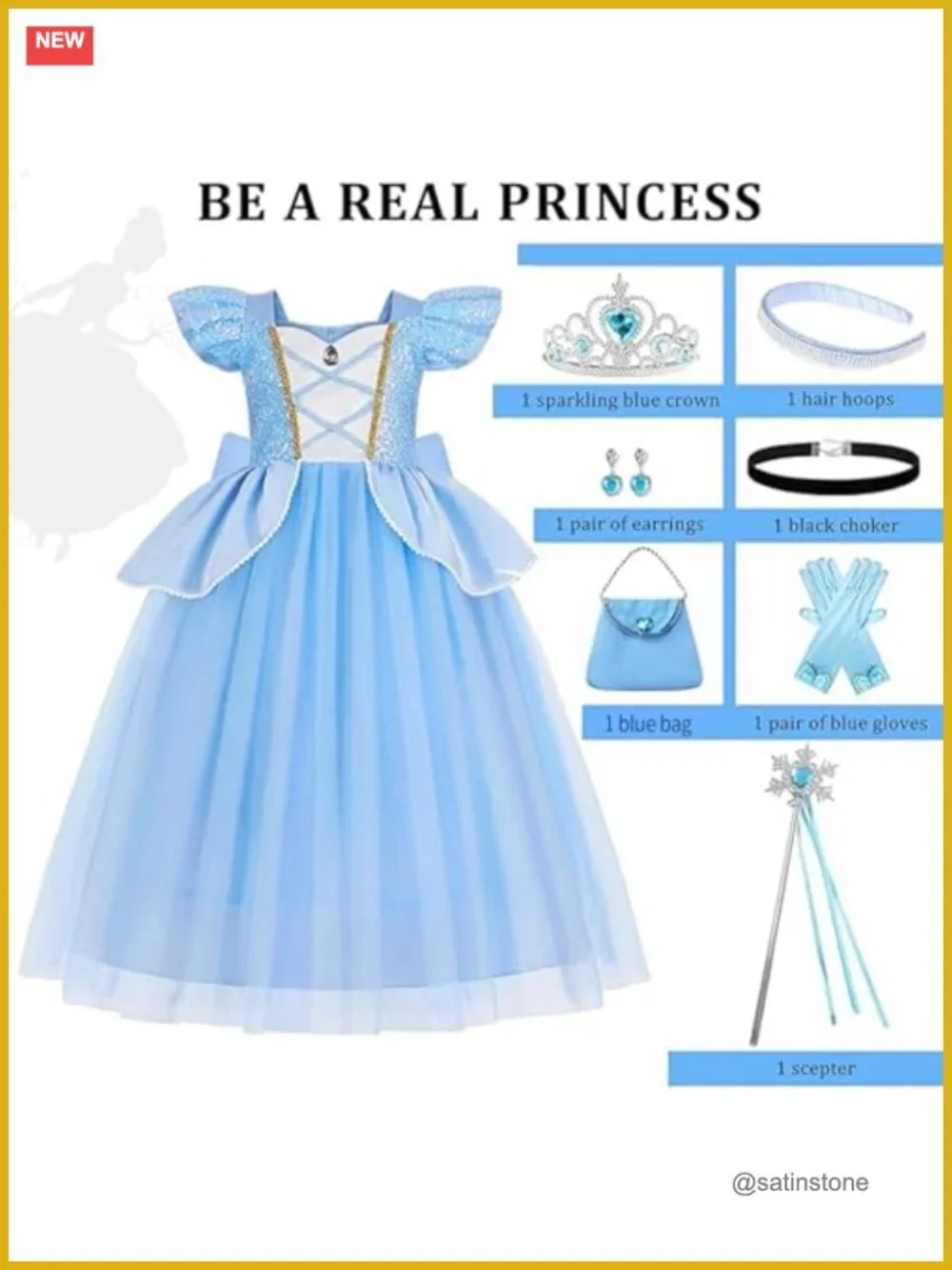 Girls Blue Princess Costume Dress with Crown Scepter Gloves Halloween Cosplay